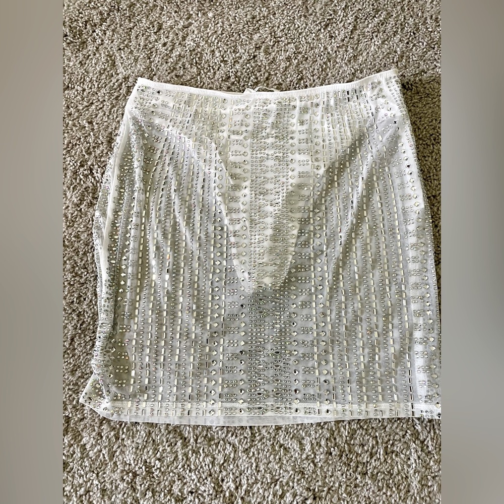 12th Tribe White Rhinestone Mesh Mini Skirt